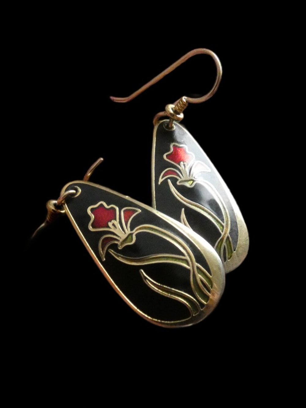 Vintage Laurel Burch Wild Iris Dangle Earrings Gold Tone Black Enamel Cloisonné